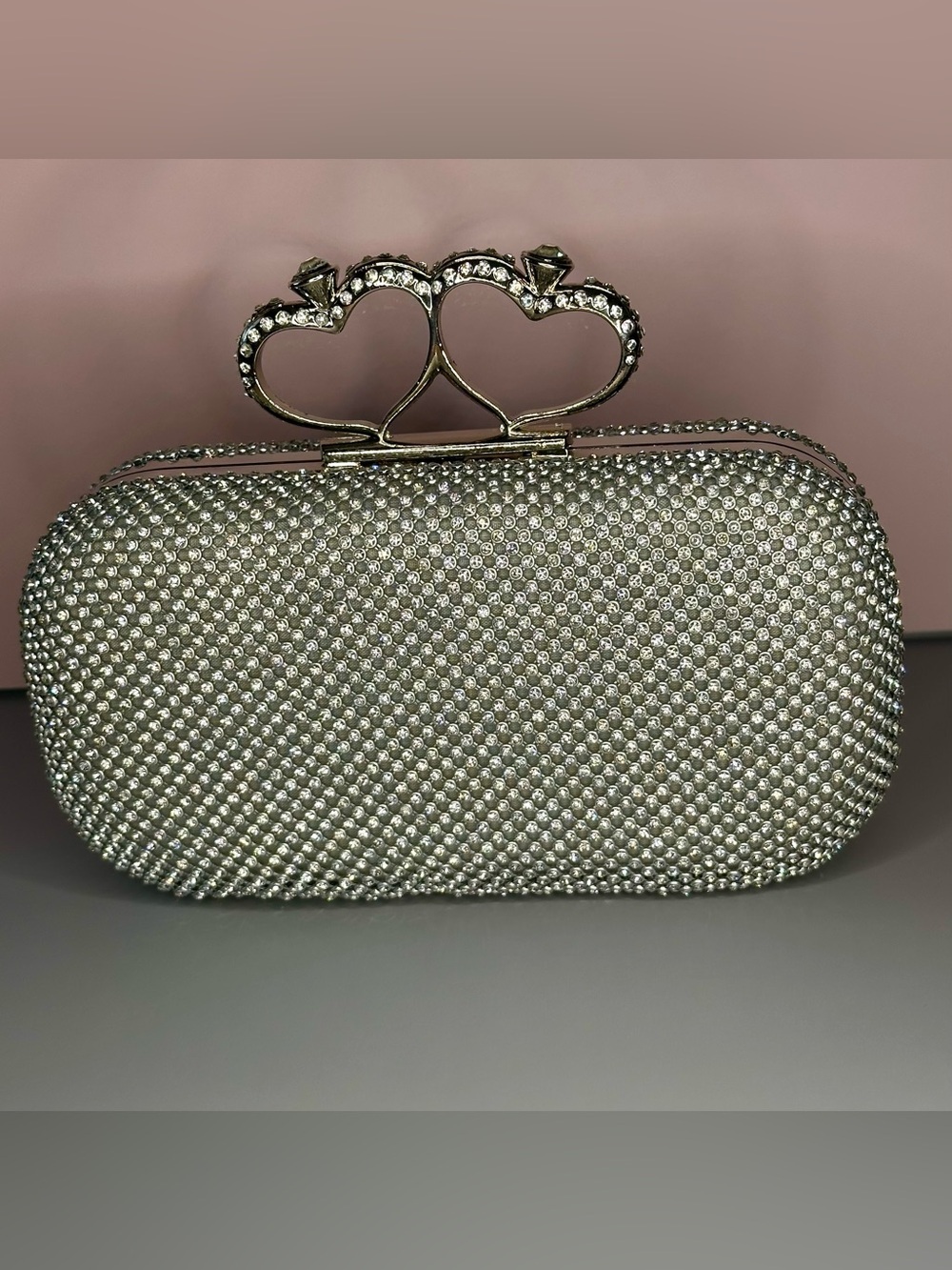 Silver Rhinestone Clutch Heart Clasp Crystal Evening Bag Wedding Prom Formal - Picture 7 of 15